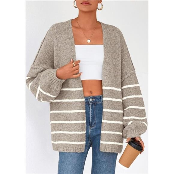 Womens Oversized Cardigan Sweaters Striped Khaki - Picture 4 of 6